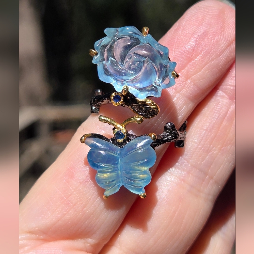 Aquamarine Butterfly & Flower Sterling Rhodium & Gold Ring Sz9 Adjustable - Picture 9 of 14